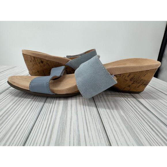 Vionic Bayu Slide Sandals Women's Sz 7 Blue Suede Adjustable Comfort Wedge Shoes - Picture 3 of 7